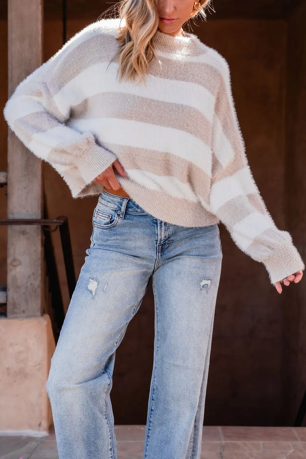 Fuzzy Beige Striped Sweater