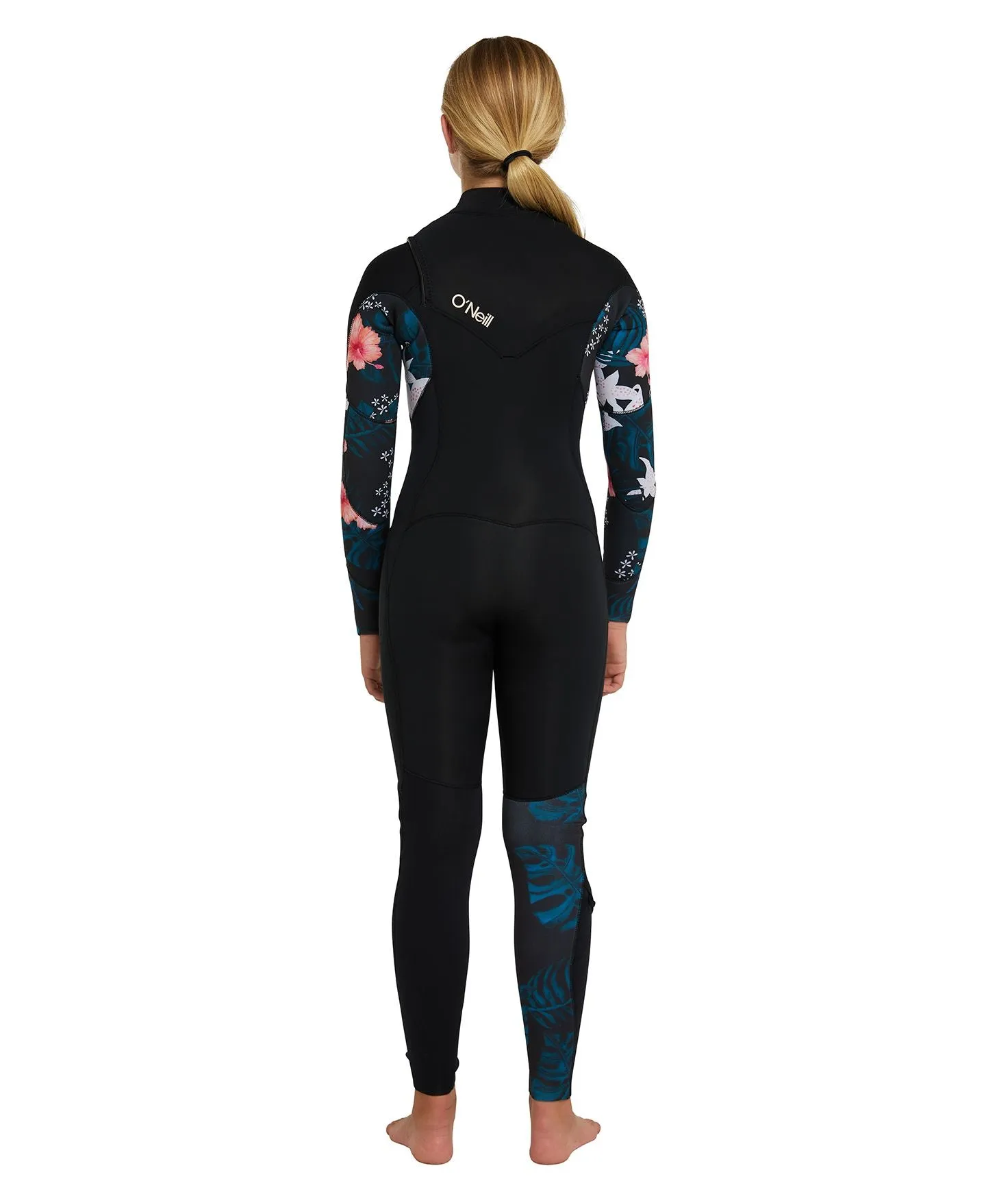 Girl's Bahia 3/2mm Steamer Chest Zip Wetsuit - Black Hibiscus