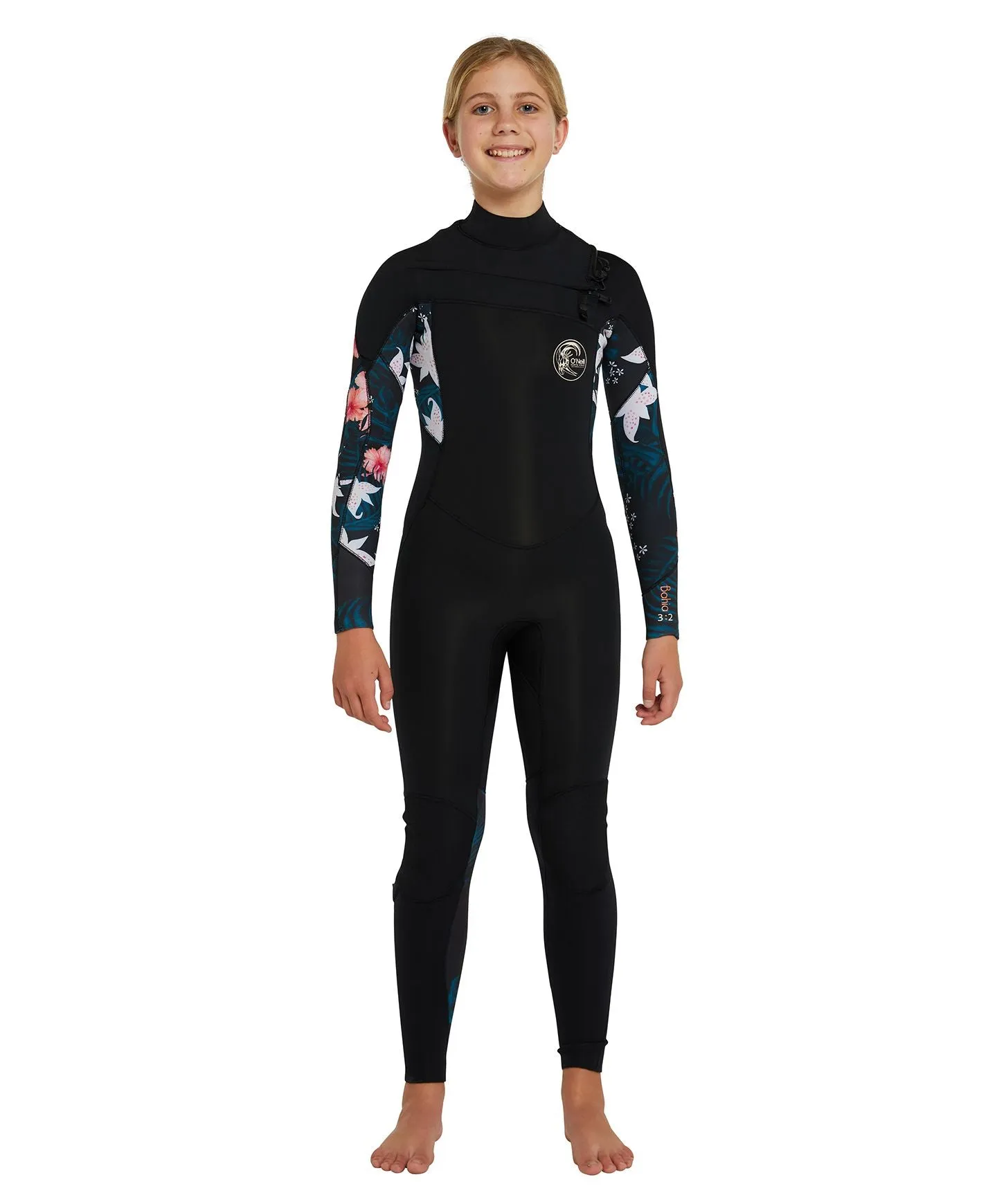 Girl's Bahia 3/2mm Steamer Chest Zip Wetsuit - Black Hibiscus