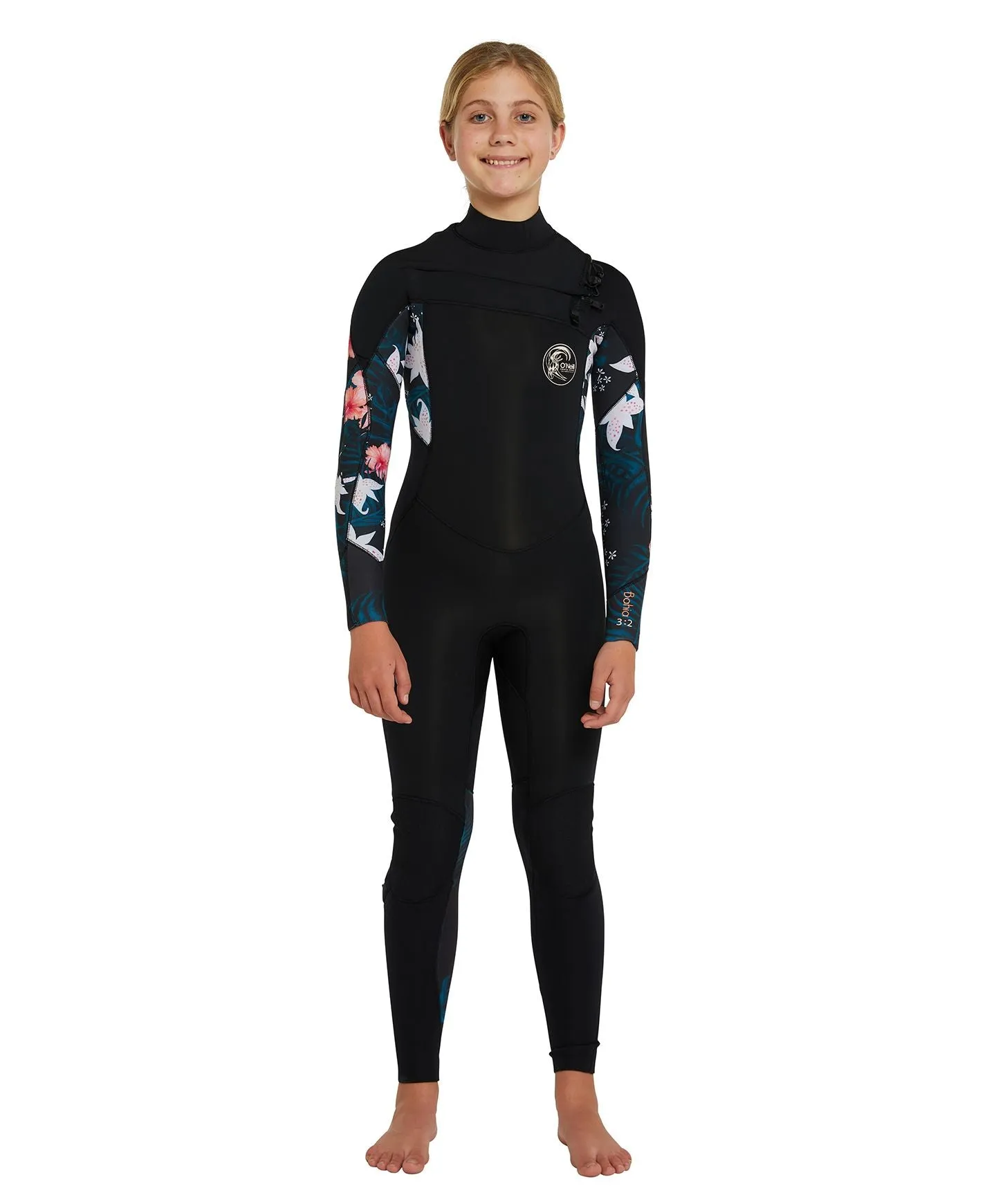 Girl's Bahia 3/2mm Steamer Chest Zip Wetsuit - Black Hibiscus