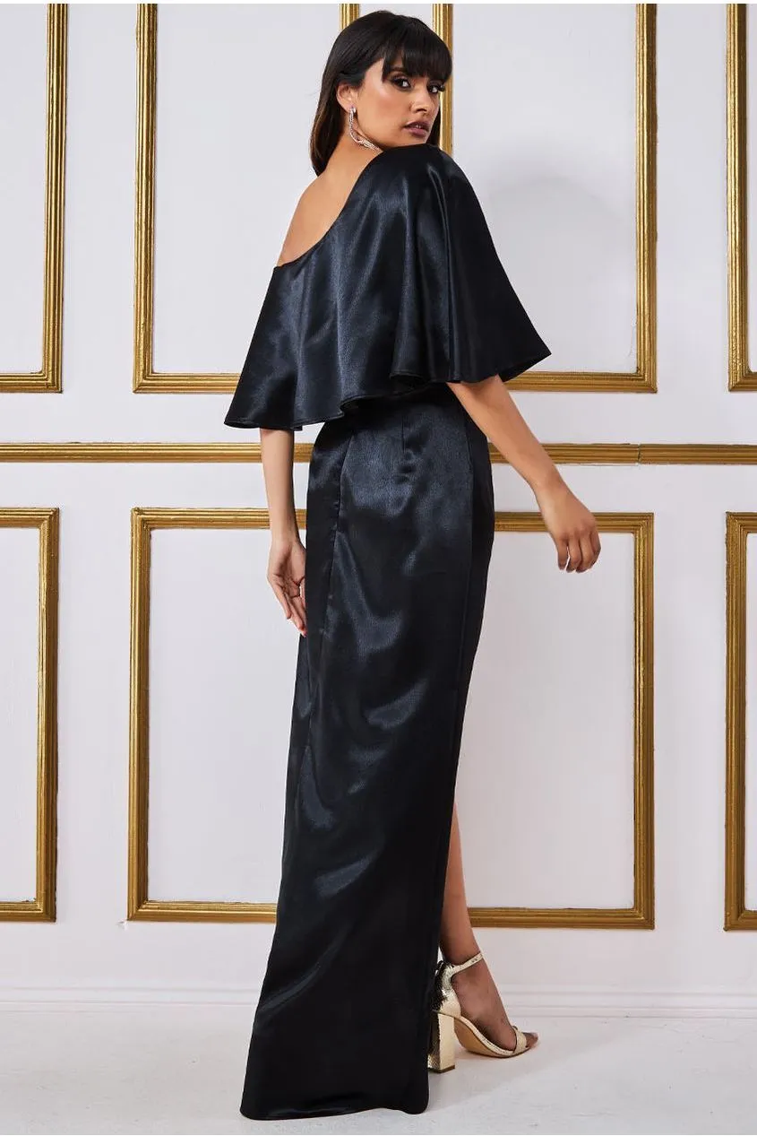 Goddiva Satin Drape Shoulder Wrap Maxi Dress - Black