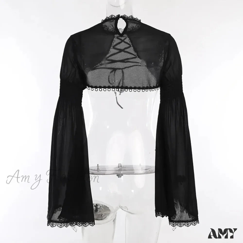 Gothic Punk Lace Flare Sleeve Cropped Sheer Elegant Steampunk Cozy Cardigan