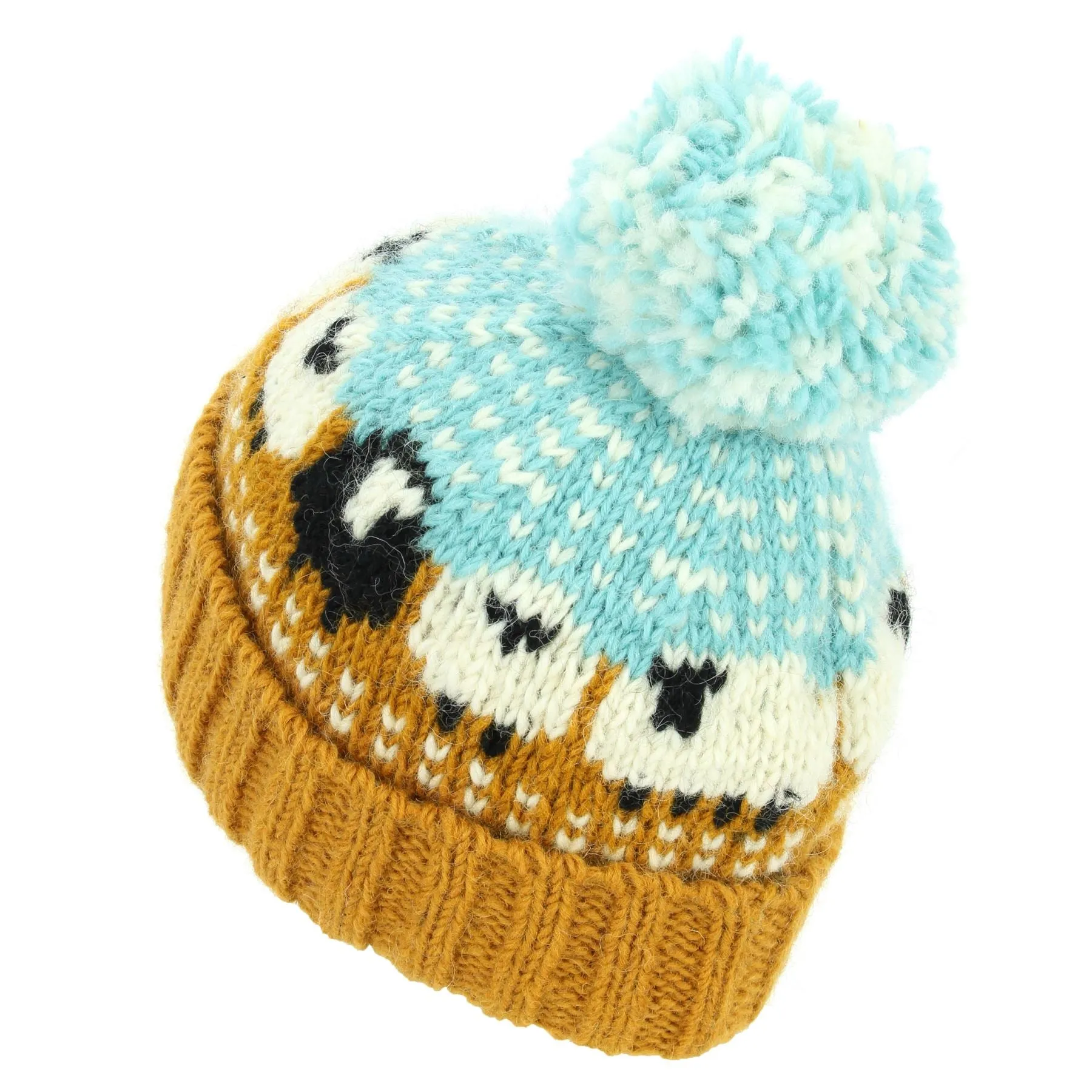 Hand Knitted Wool Beanie Bobble Hat - Sheep - Orange Light Blue