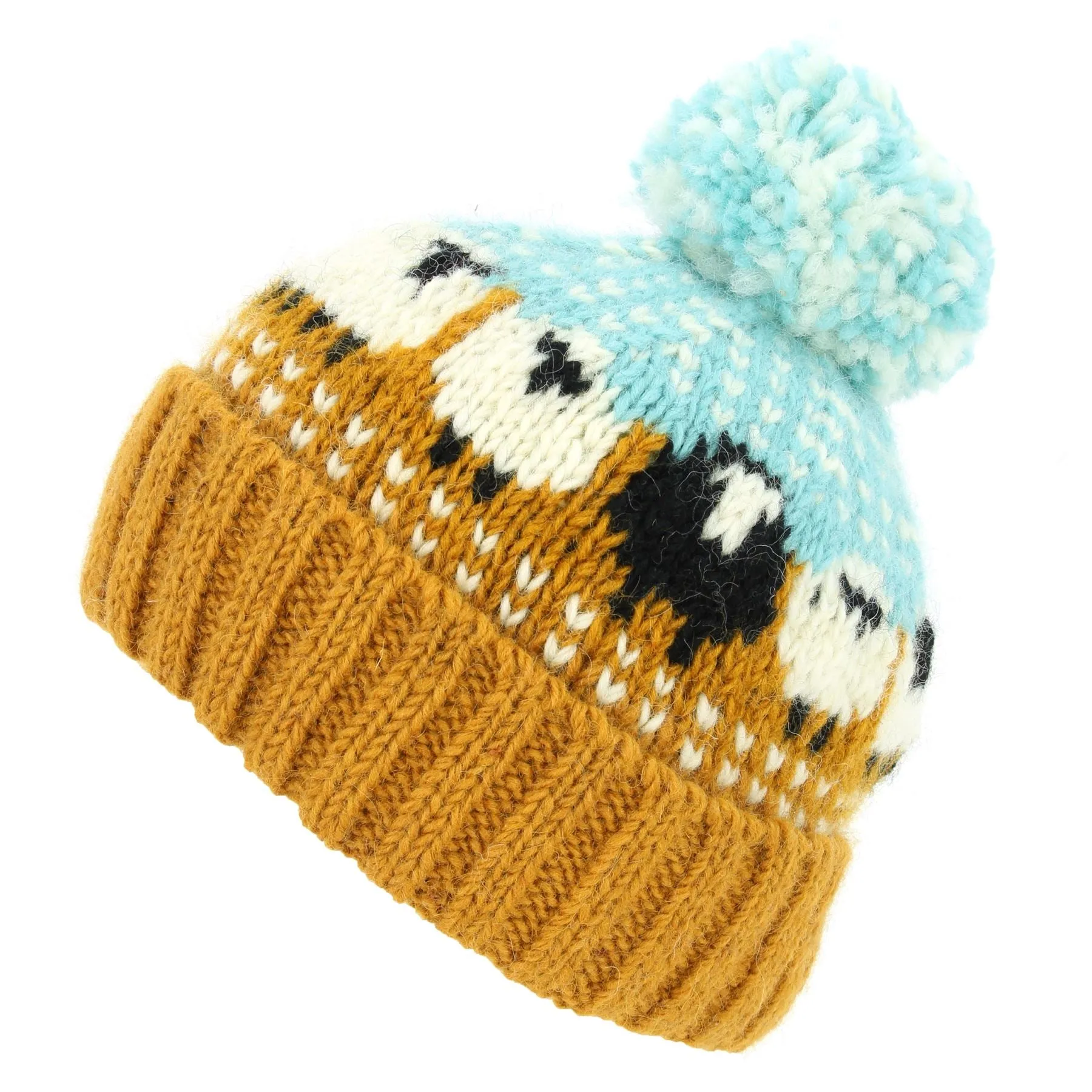 Hand Knitted Wool Beanie Bobble Hat - Sheep - Orange Light Blue