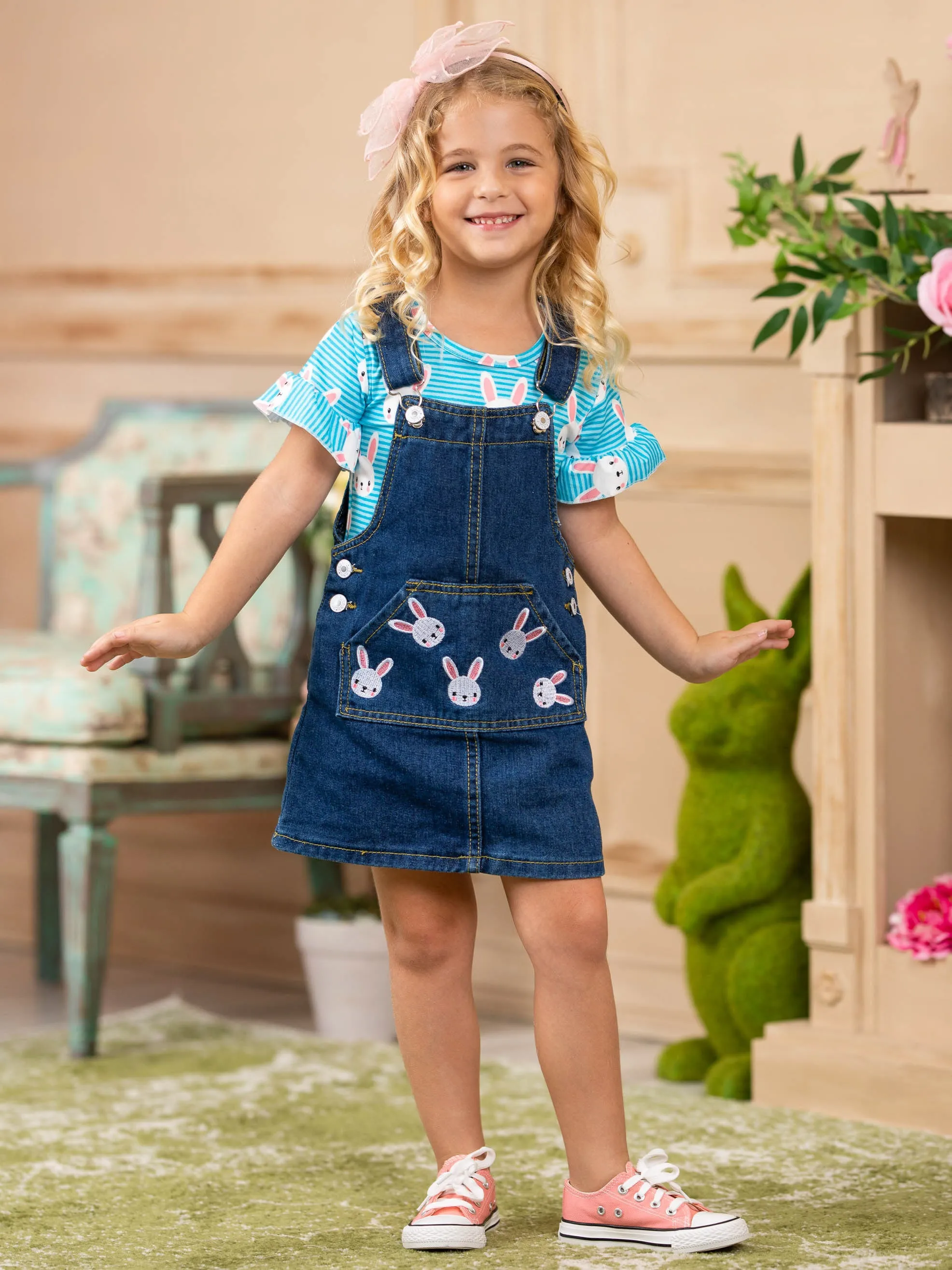 Hold My Bunnies Denim Overall Dress Set