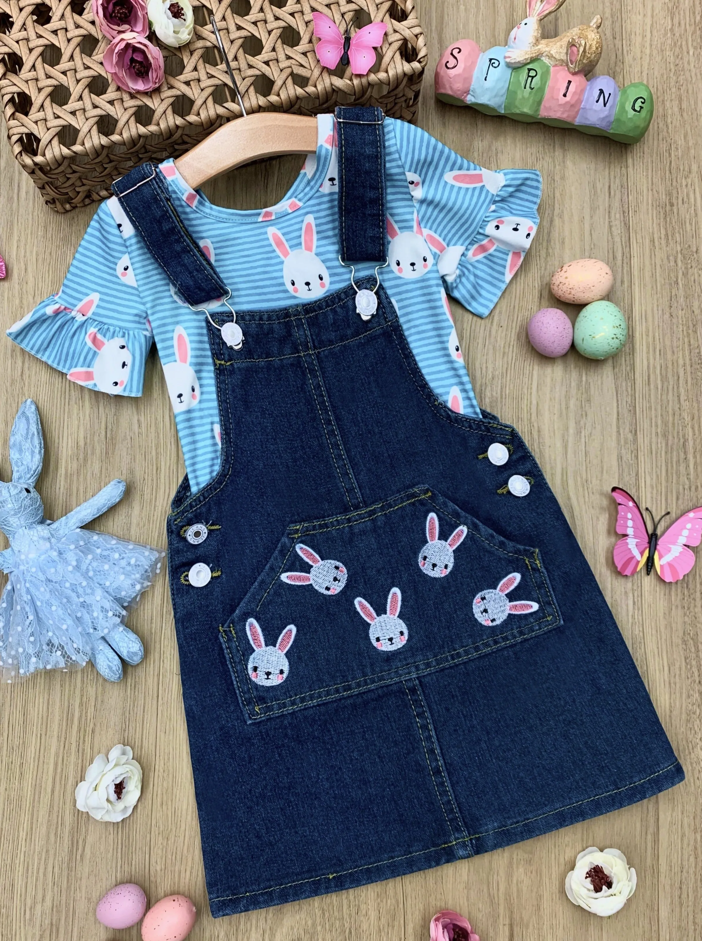 Hold My Bunnies Denim Overall Dress Set