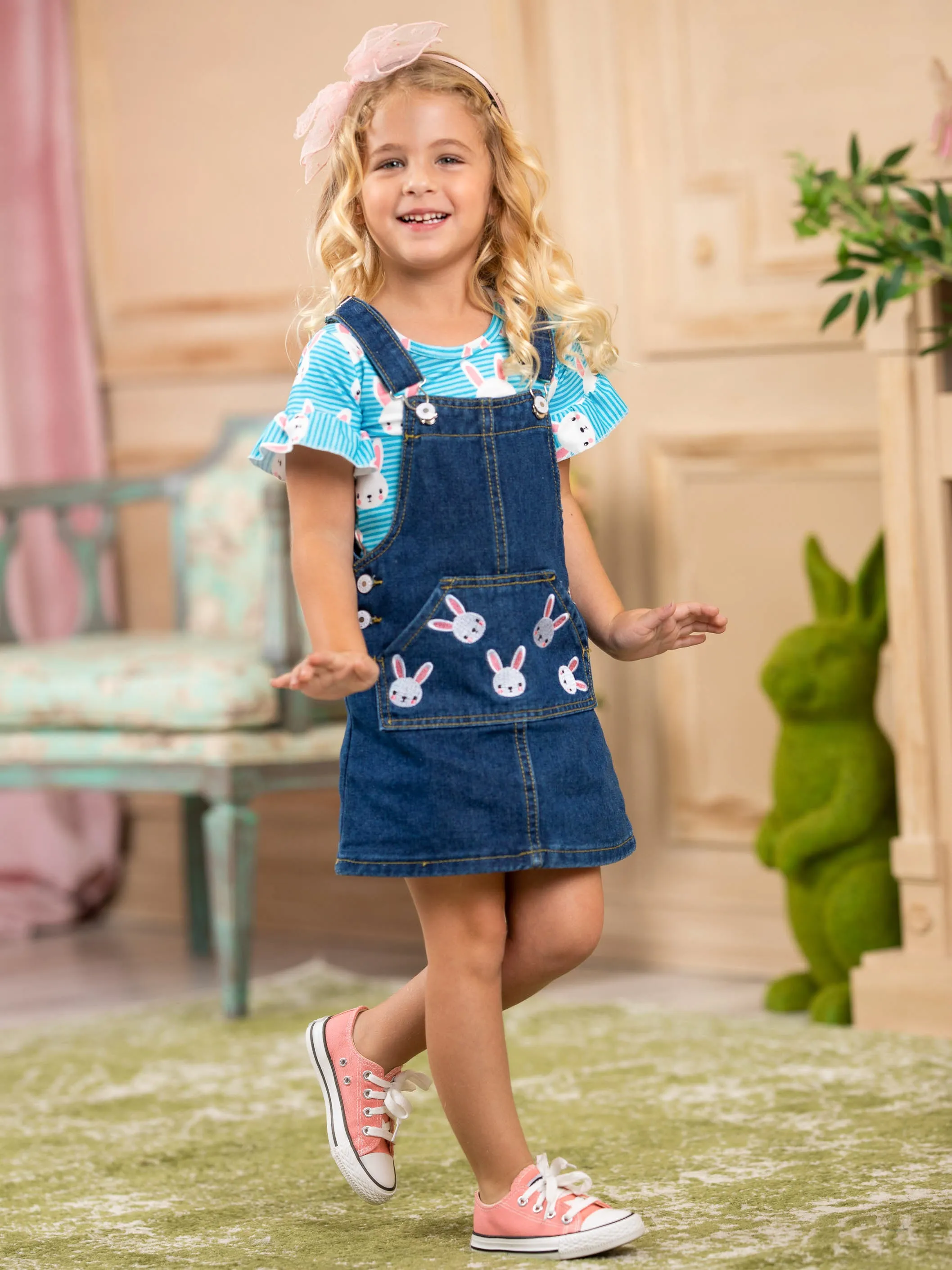 Hold My Bunnies Denim Overall Dress Set