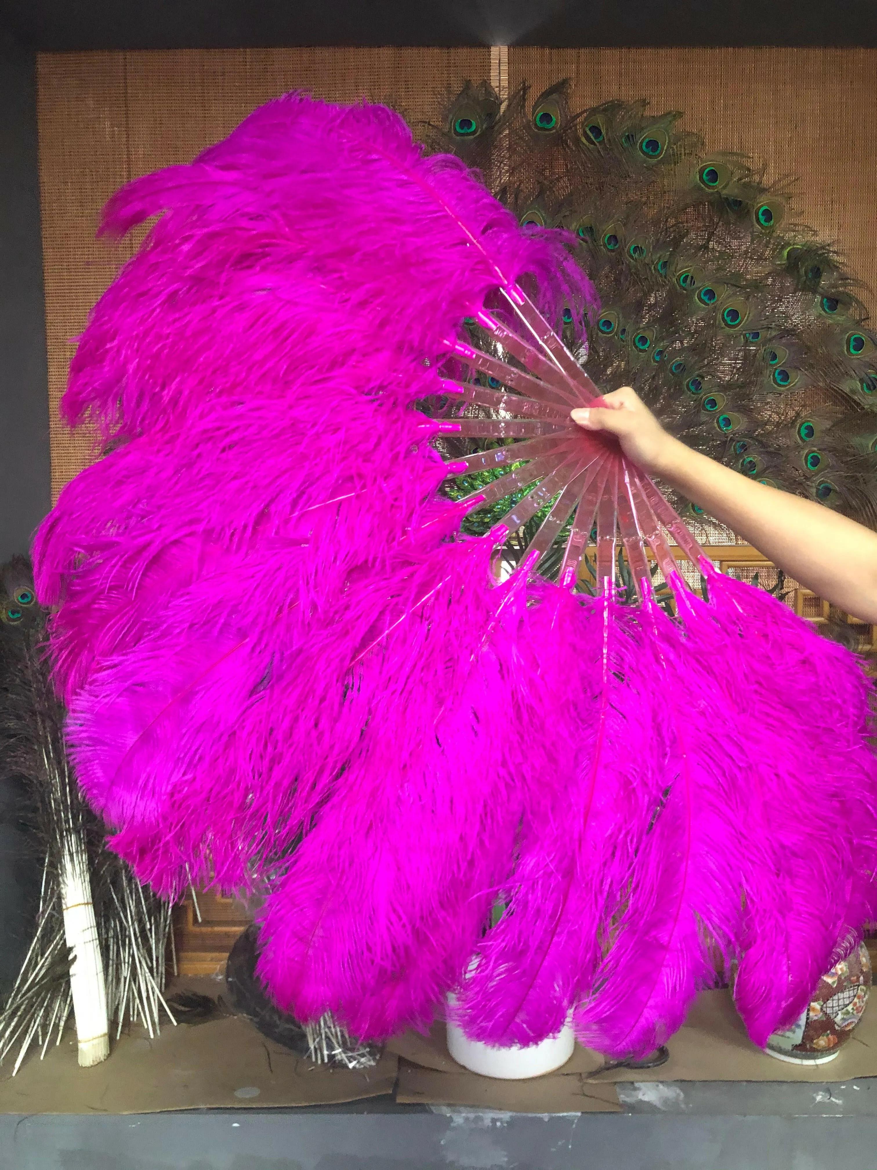 Hot pink single layer Ostrich Feather Fan Full open 180 degree 25"x 50"