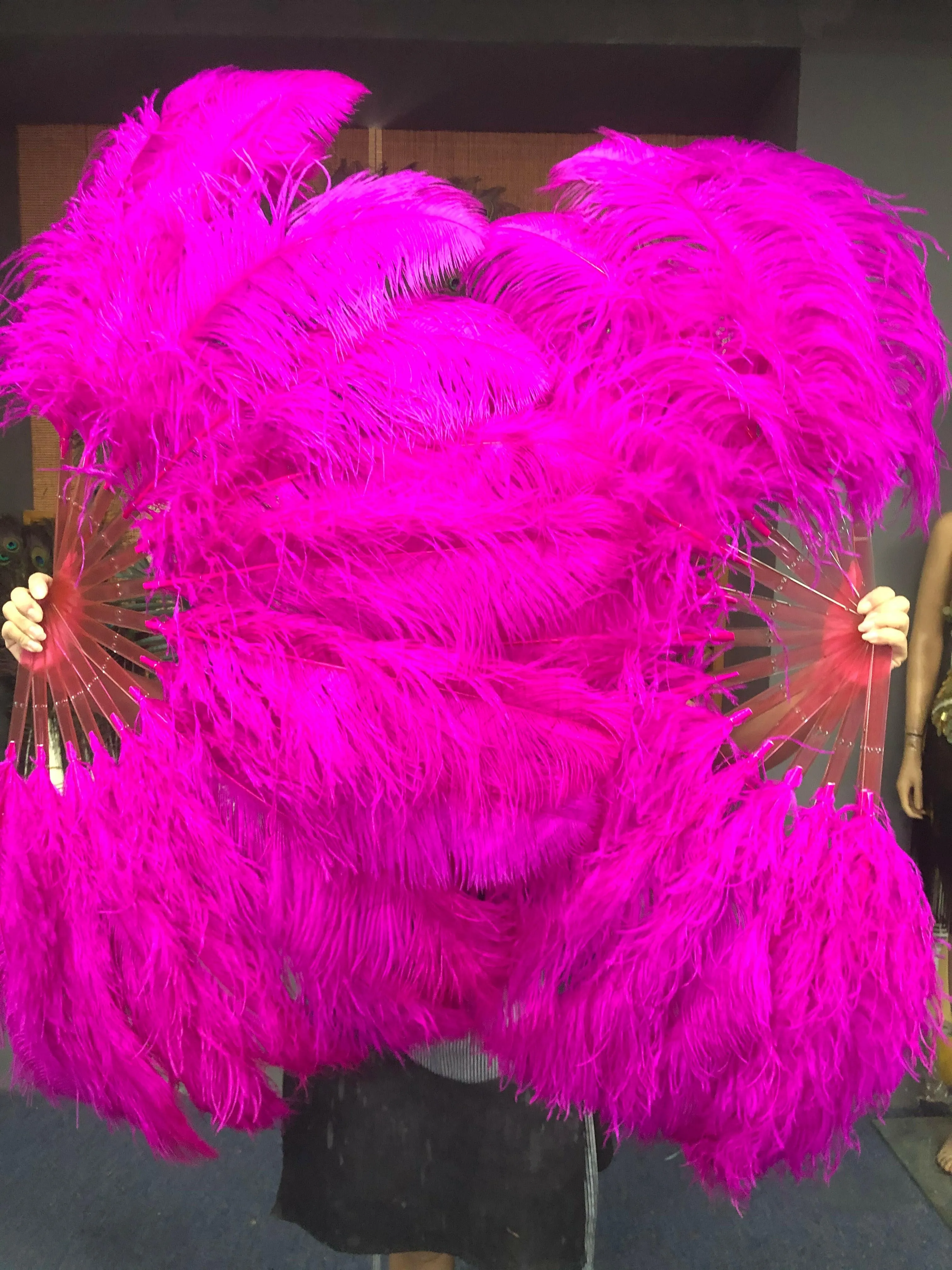 Hot pink single layer Ostrich Feather Fan Full open 180 degree 25"x 50"