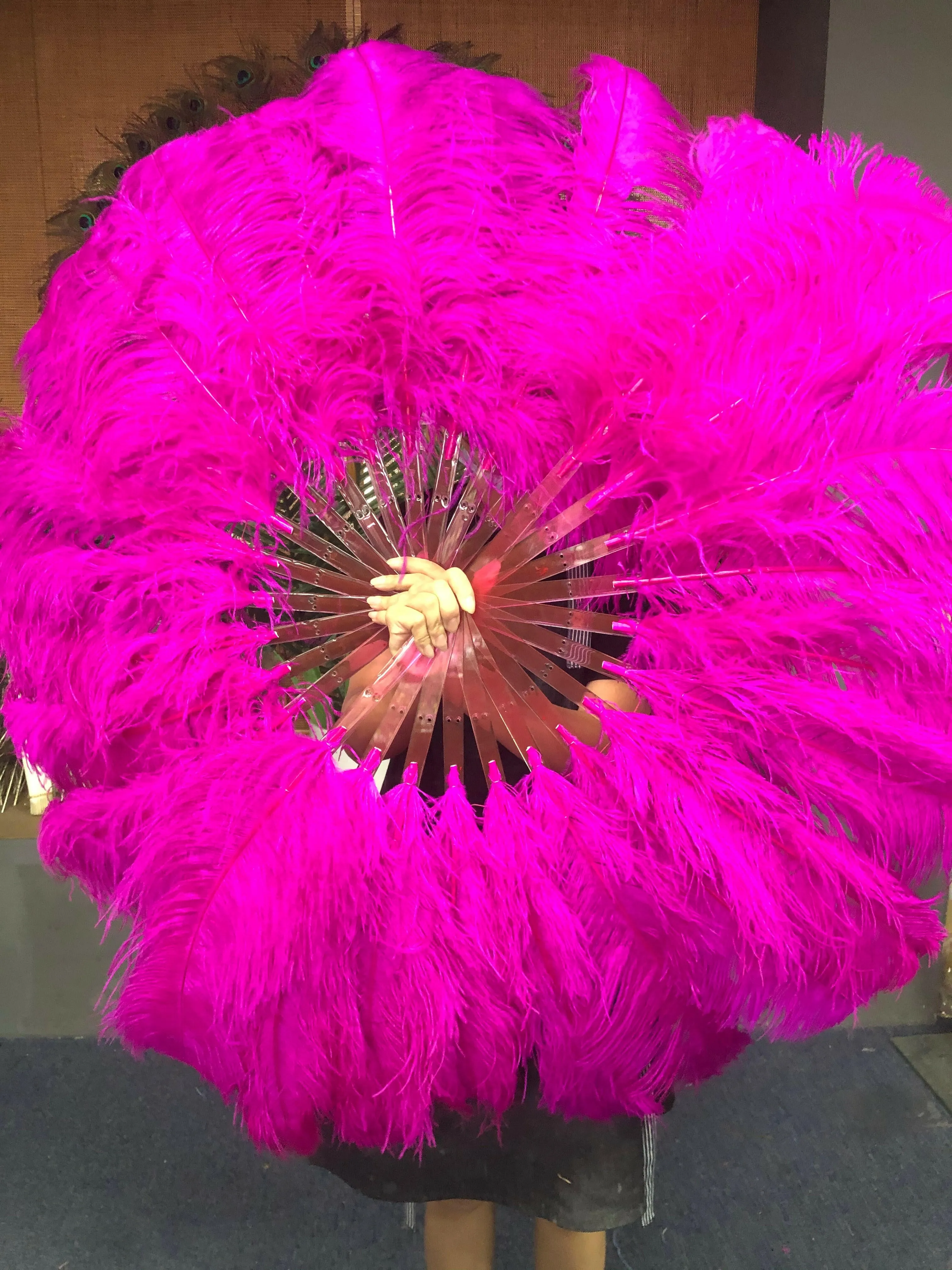 Hot pink single layer Ostrich Feather Fan Full open 180 degree 25"x 50"