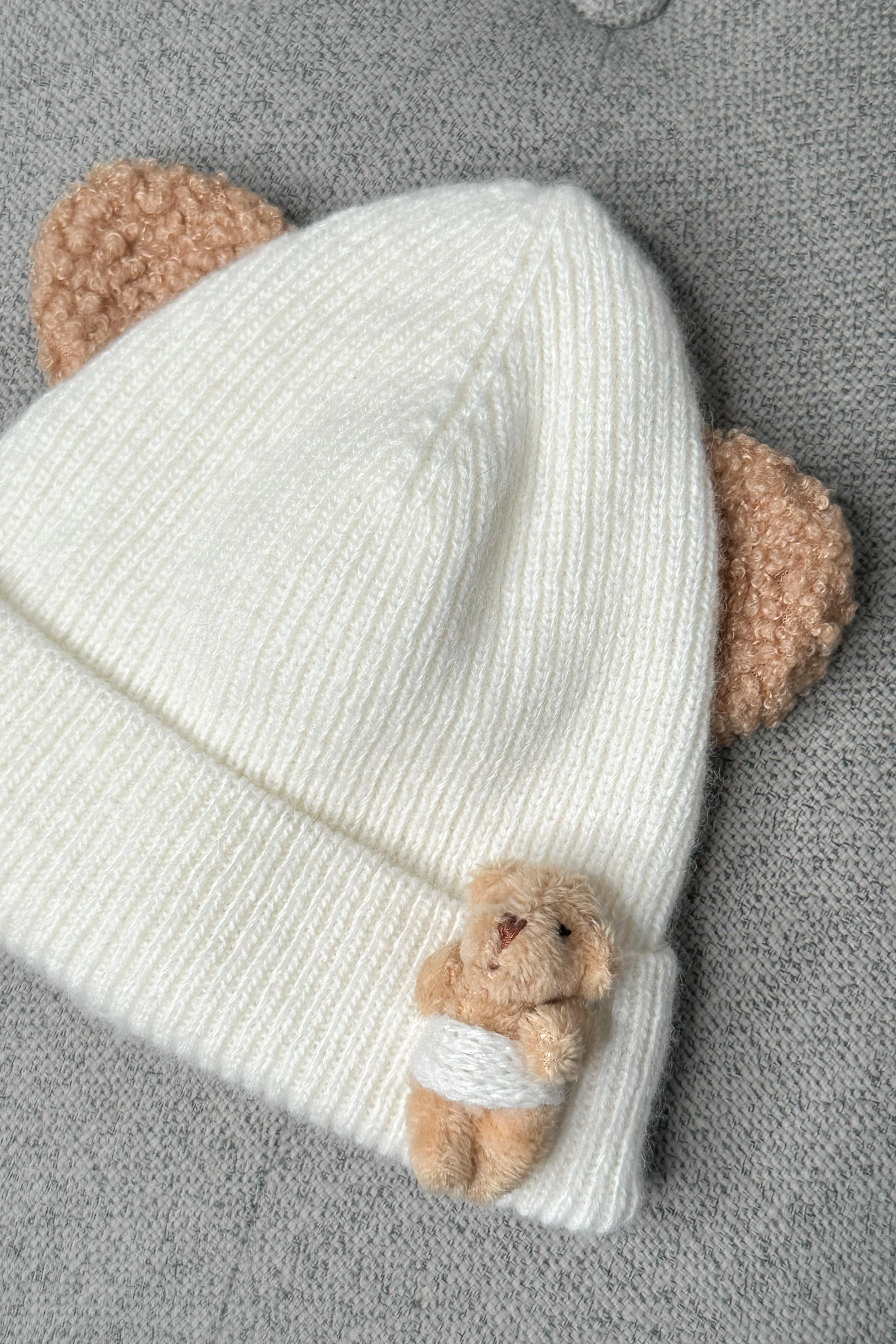 Ivory Ribbed Bear Beanie Hat