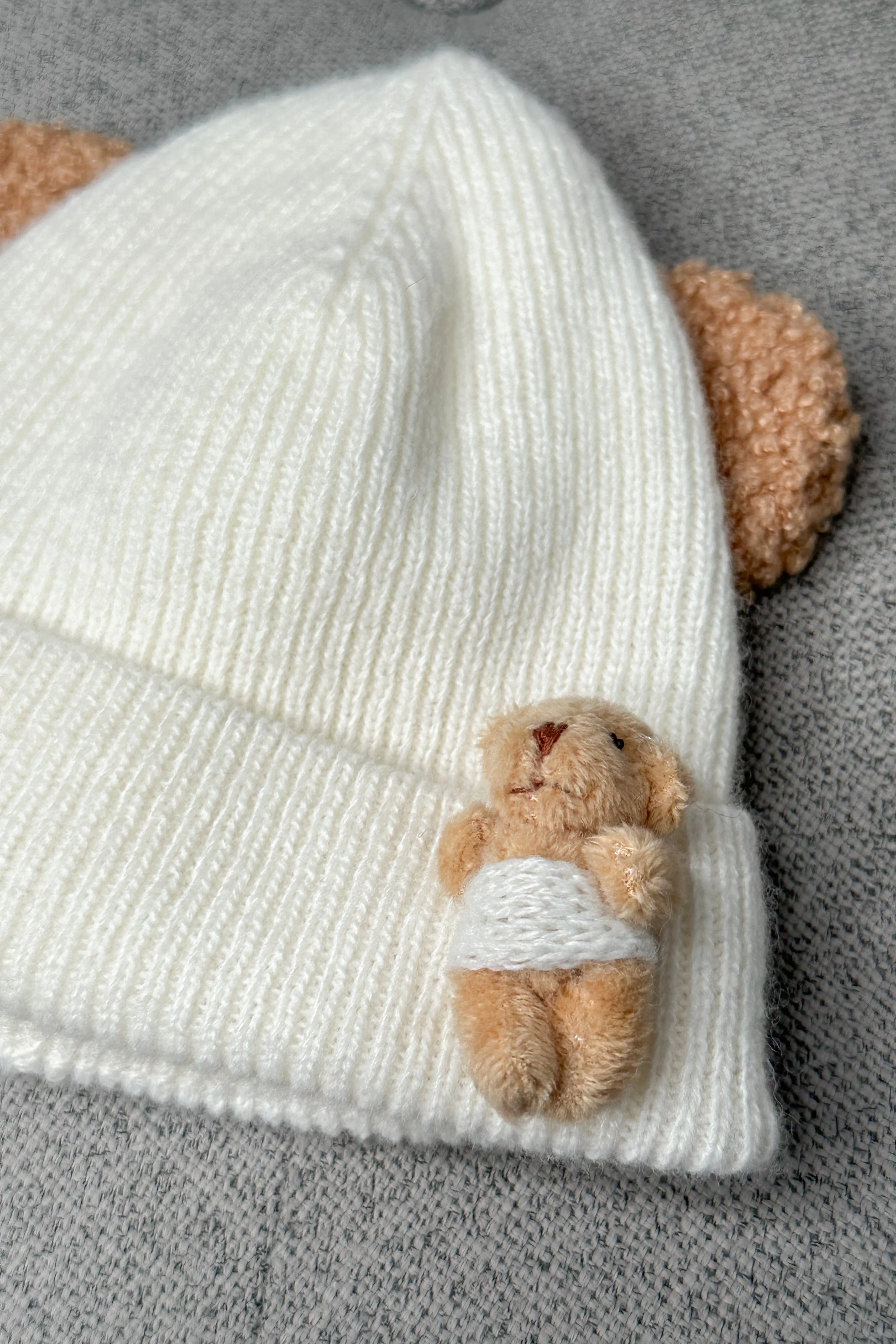 Ivory Ribbed Bear Beanie Hat