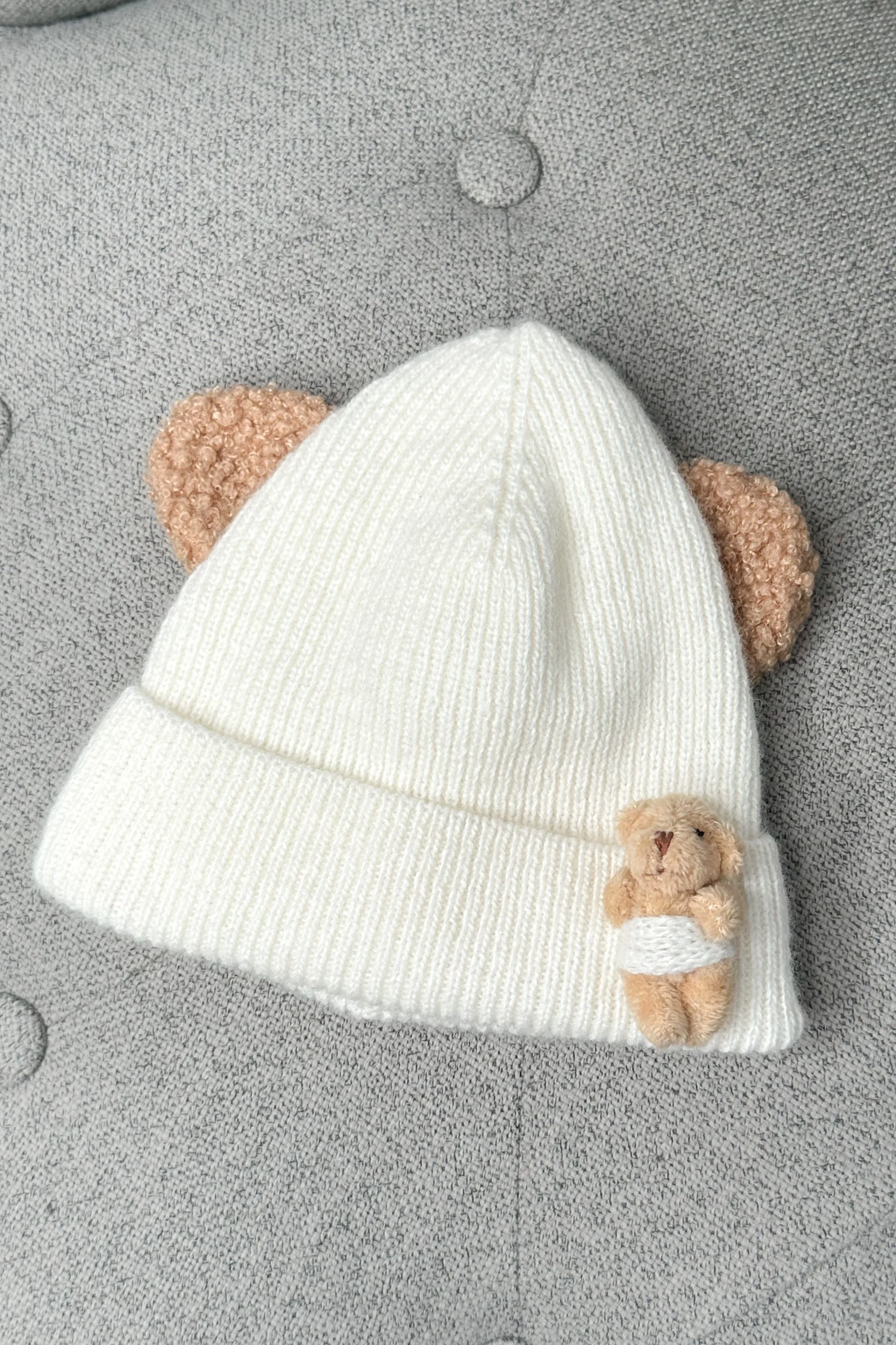 Ivory Ribbed Bear Beanie Hat