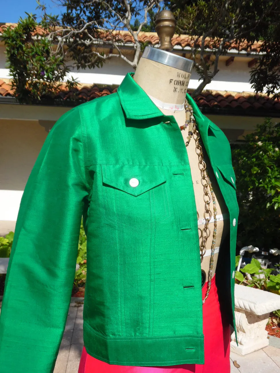 Jean Jacket Thai Silk And Mother Of Pearl Kelly Green