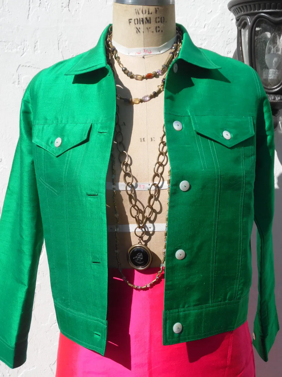 Jean Jacket Thai Silk And Mother Of Pearl Kelly Green