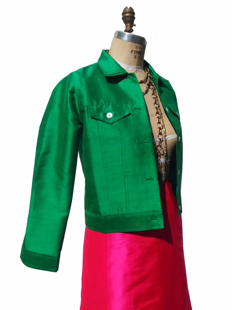 Jean Jacket Thai Silk And Mother Of Pearl Kelly Green