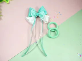 Kamule Satin Layered Detailed Bow and Rubber Bands set of 3- Aqua Green