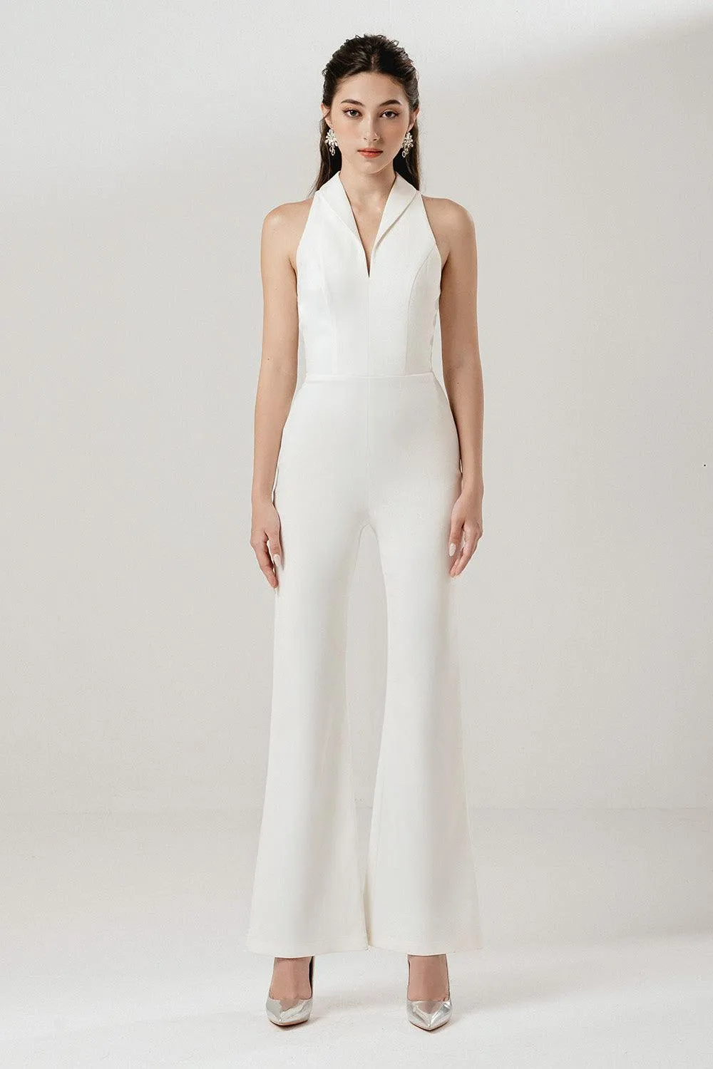 Lady Flared V-Neck Interlock Ankle Length Jumpsuit