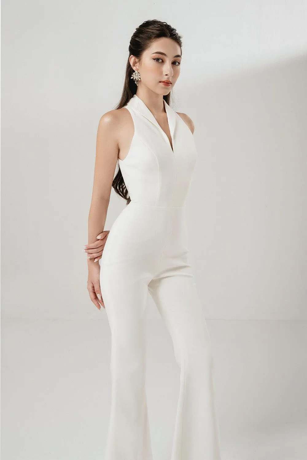 Lady Flared V-Neck Interlock Ankle Length Jumpsuit