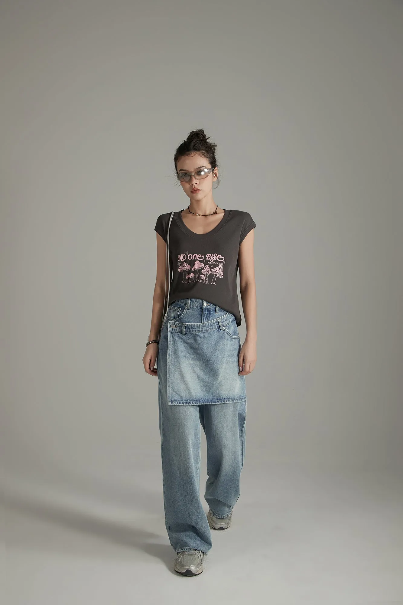 Layered False Skirt Wide Denim Jeans