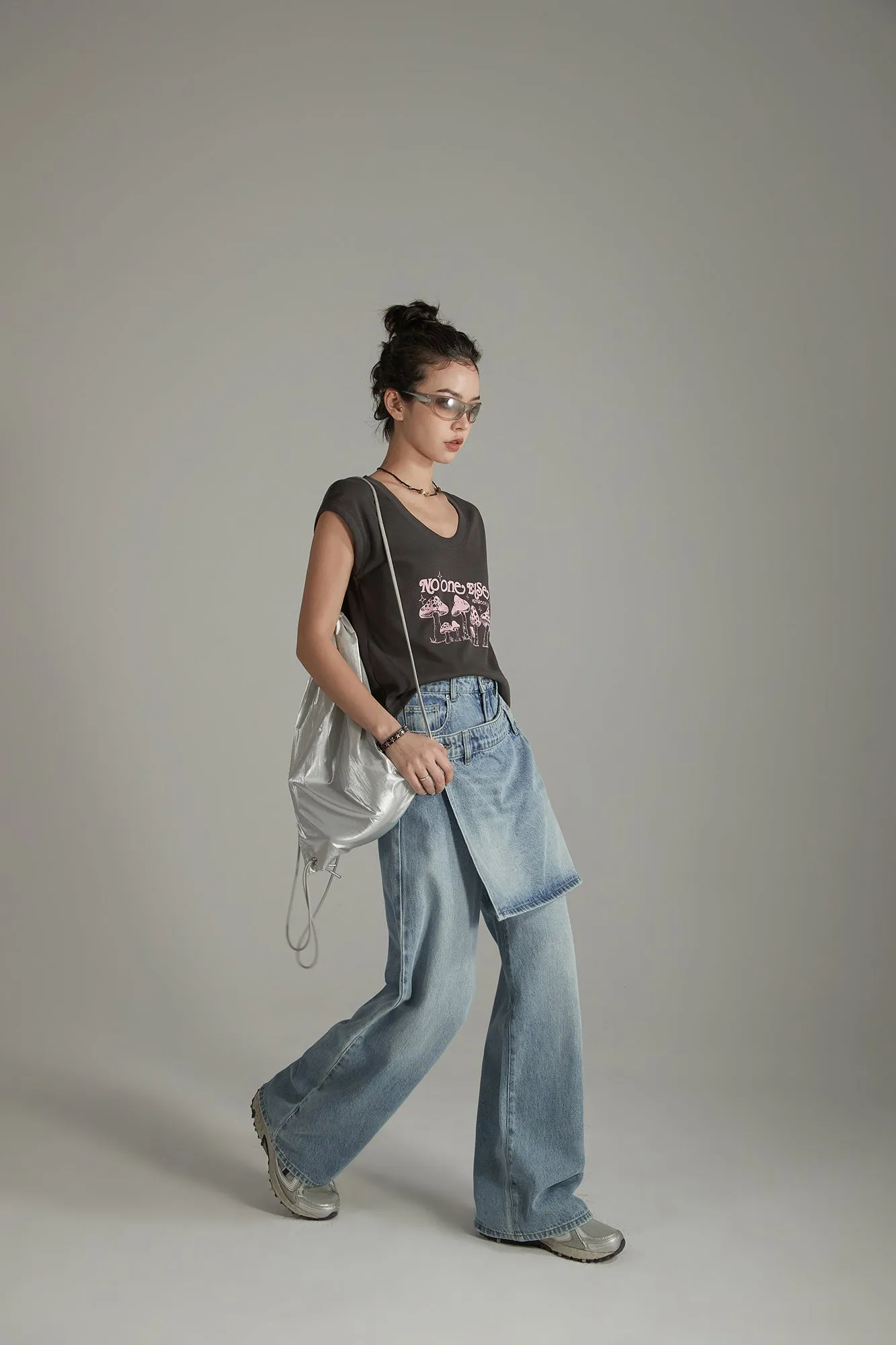 Layered False Skirt Wide Denim Jeans