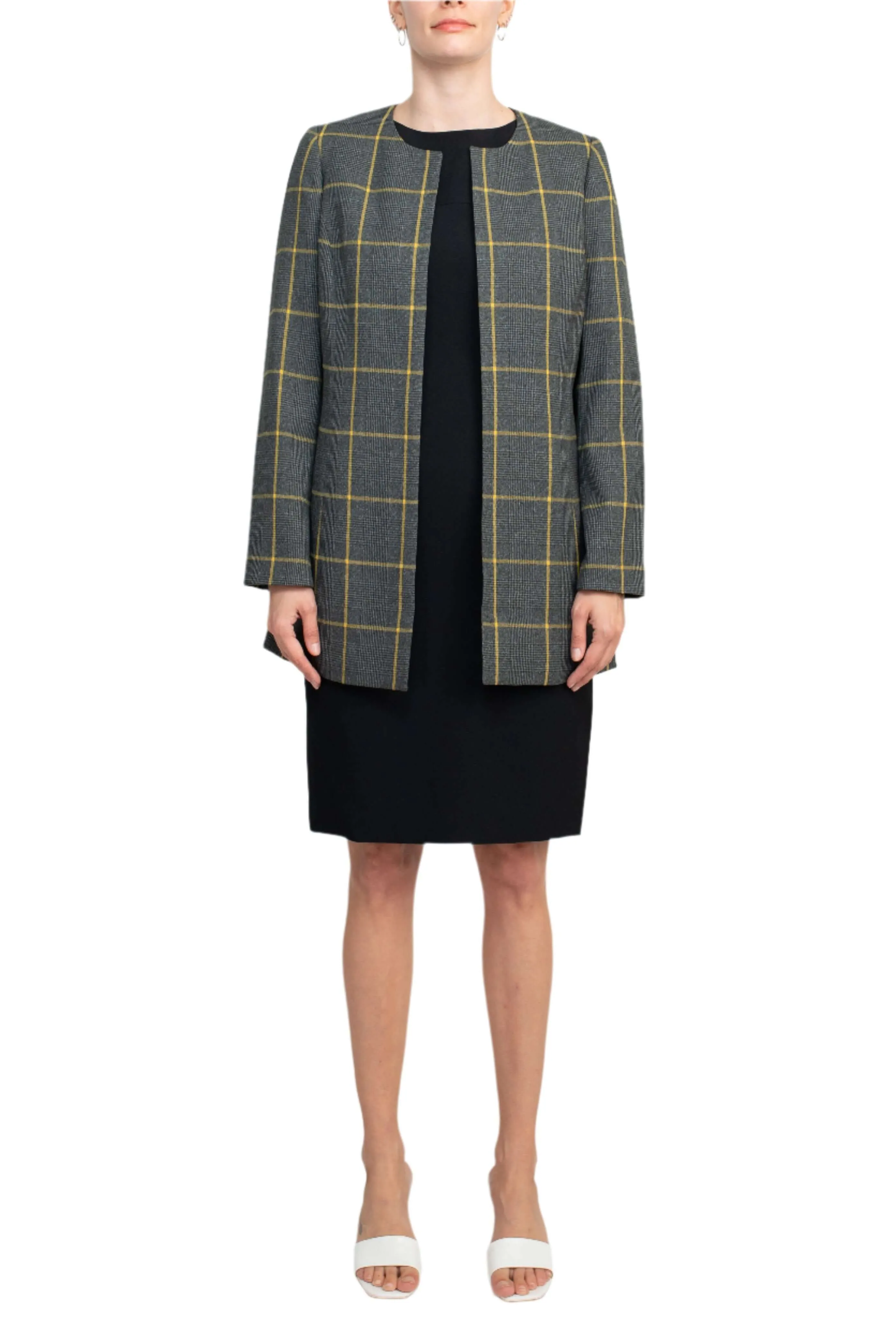 Le Suit Boat Neck Sleeveless Zipper Back Crepe Dress with Crew Neck Long Sleeve Large Windowpane Pattern Jacket (Two Piece Set)