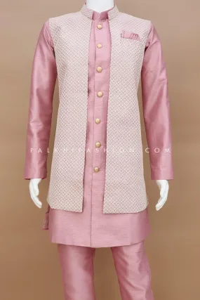 Light Mauve Mens Jacket Kurta With Chikankari Work