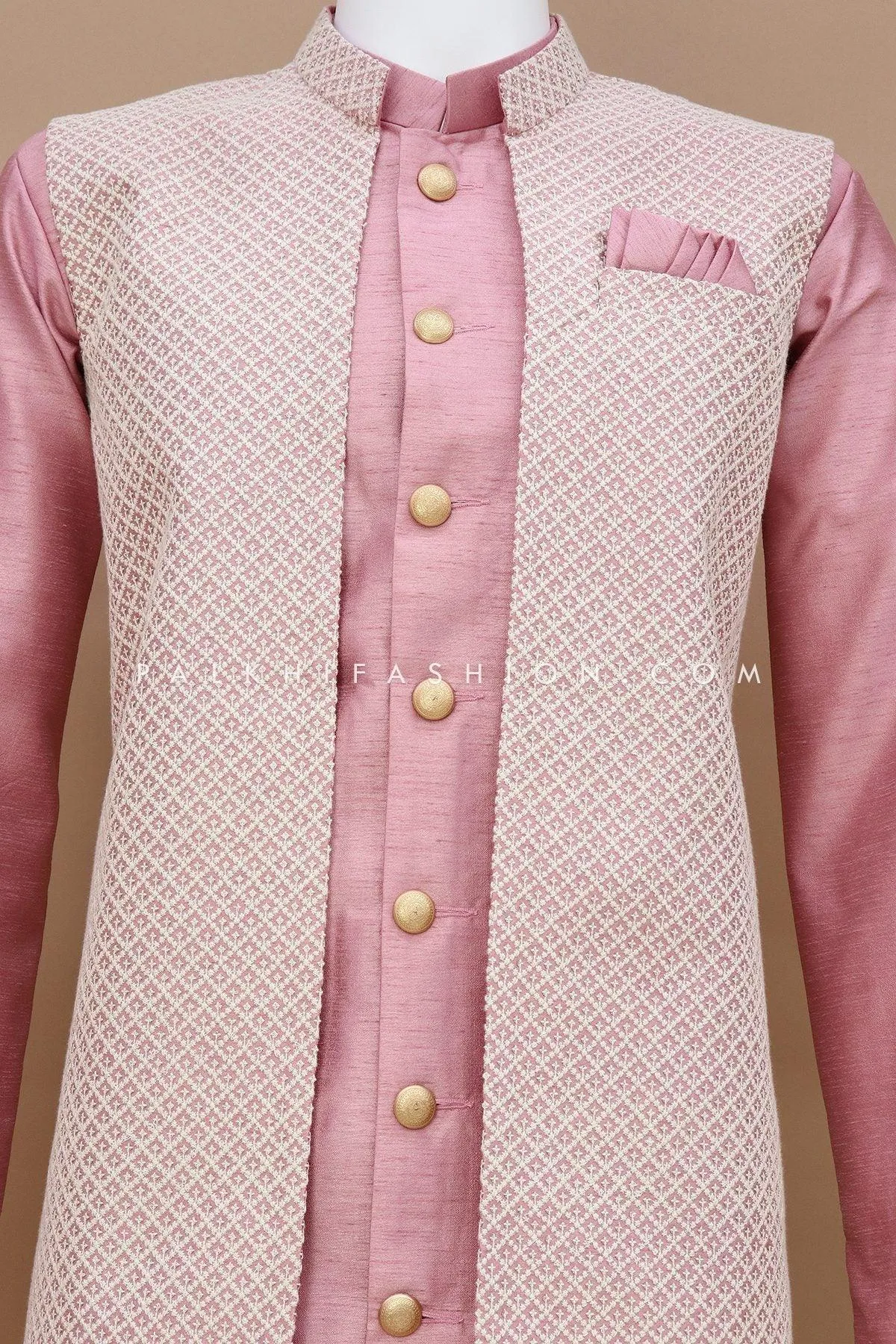 Light Mauve Mens Jacket Kurta With Chikankari Work