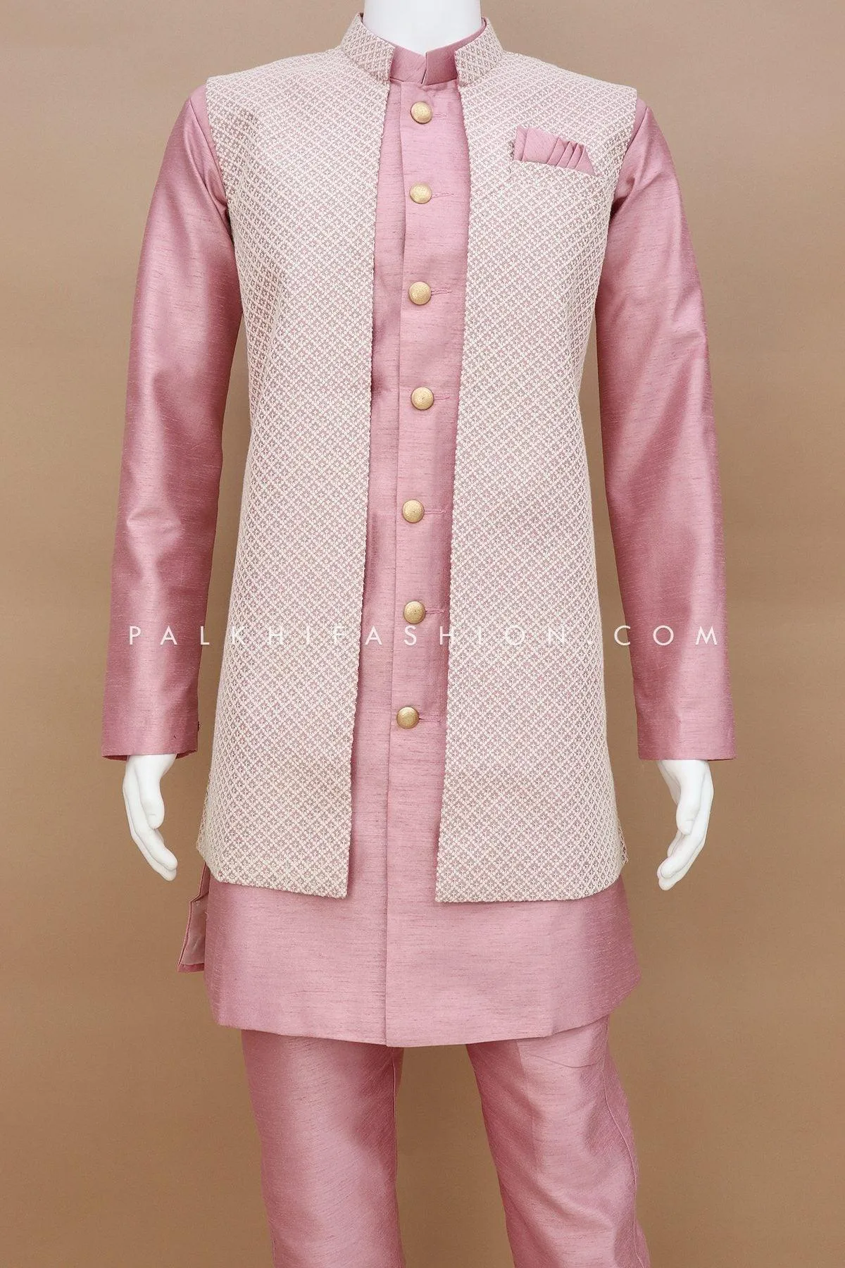 Light Mauve Mens Jacket Kurta With Chikankari Work