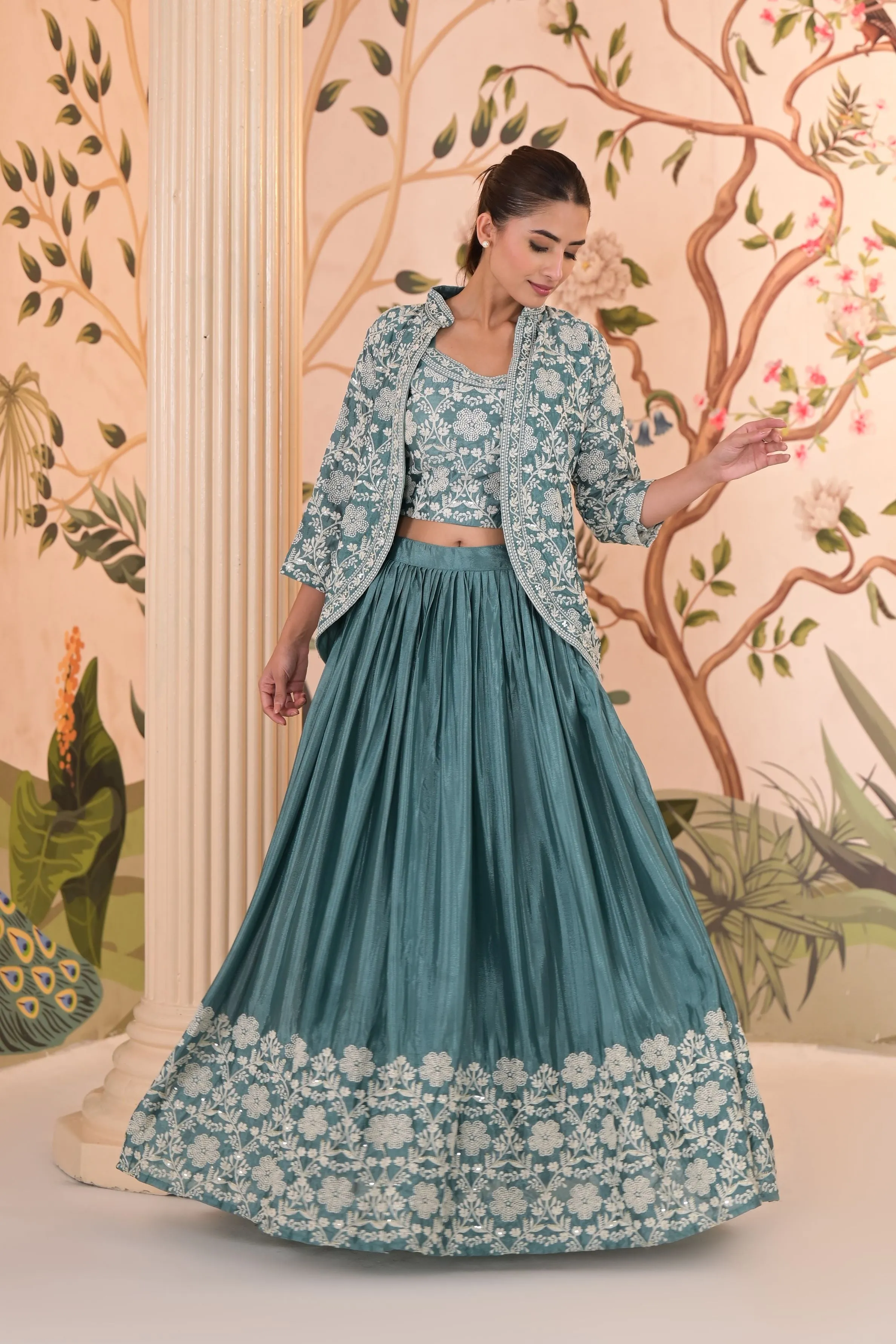 Light Teal Embroidered Premium Silk Jacket Skirt Set