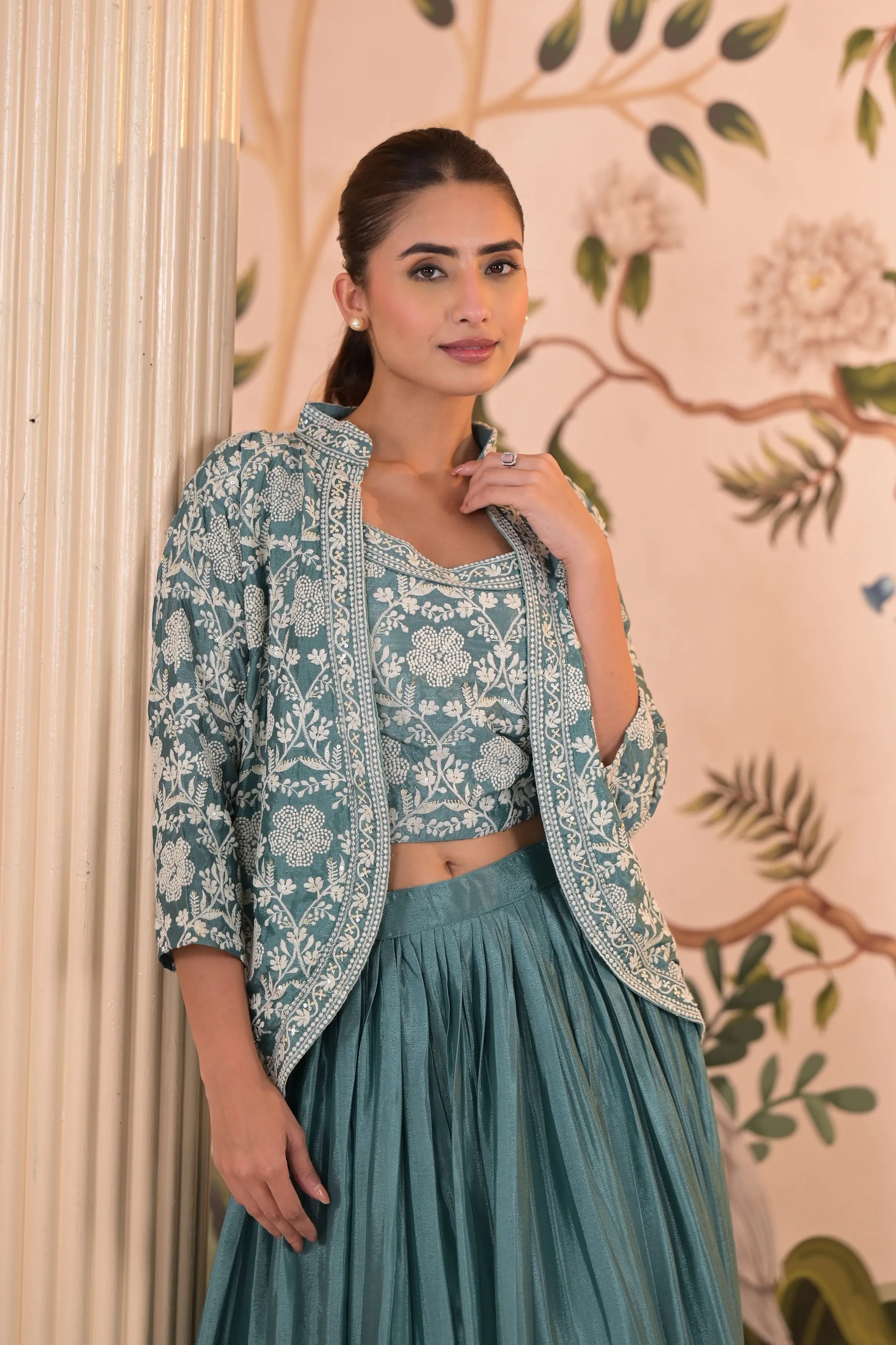 Light Teal Embroidered Premium Silk Jacket Skirt Set