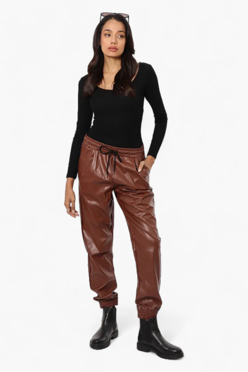 Limite Tie Waist Vegan Leather Jogger Pants - Brown