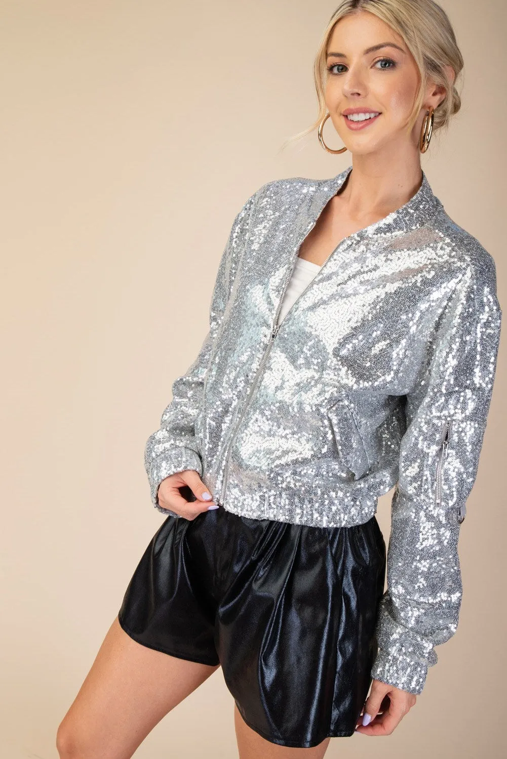 Liza Sequin Bomber Silver Jacket FINAL SALE