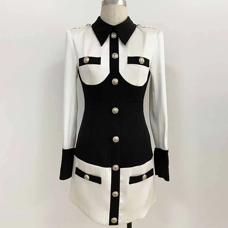 Long Sleeves Collar Color-block Black and white Mini Dress