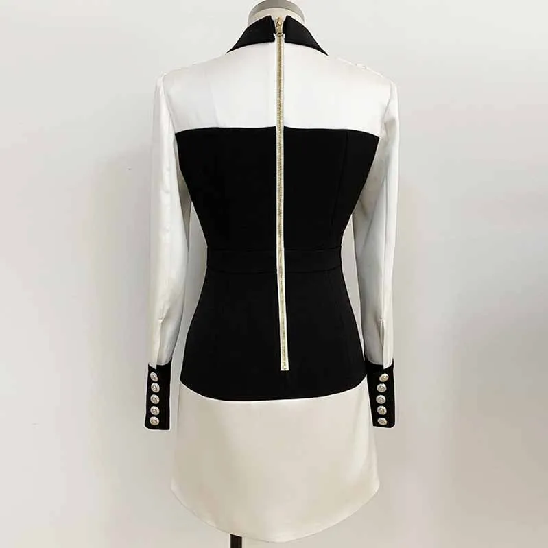 Long Sleeves Collar Color-block Black and white Mini Dress