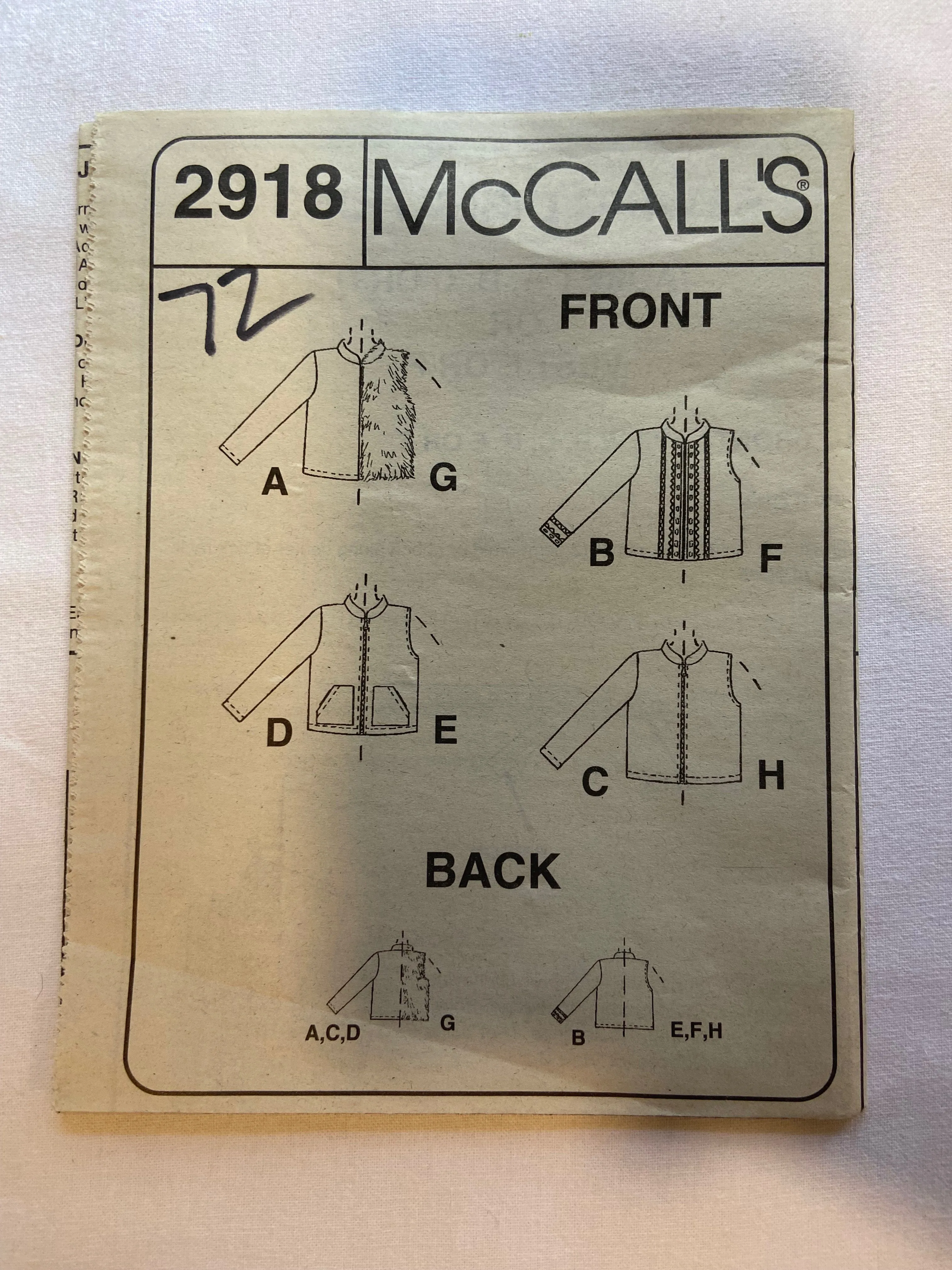 McCall's 2918 UNCUT Childrens' & Girls' Jacket Or Vest Sizes 7-10 & 10-14 MULTIPLE SIZES