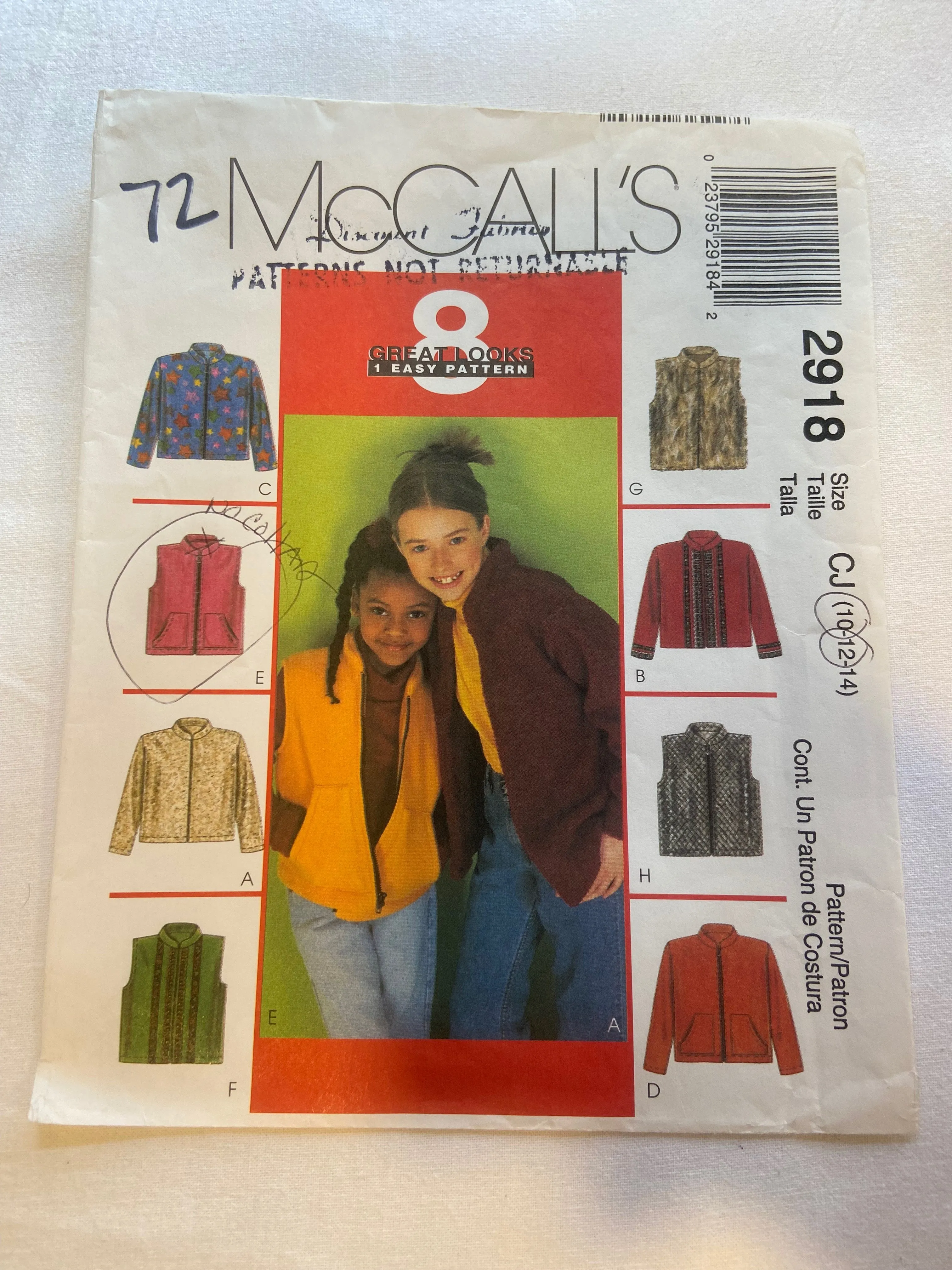 McCall's 2918 UNCUT Childrens' & Girls' Jacket Or Vest Sizes 7-10 & 10-14 MULTIPLE SIZES