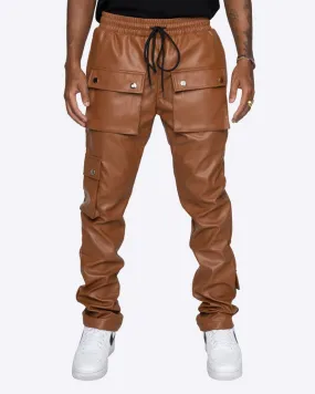 Men's Faux Leather Brown Snap Cargo Pocket Pants