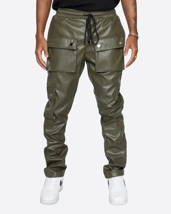 Men's Faux Leather Brown Snap Cargo Pocket Pants