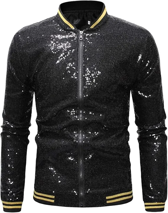 Men's Glitter Sequin Zip Up Silver Bomber Jacket