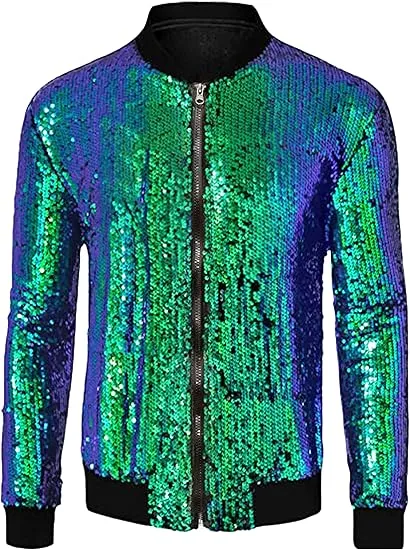 Men's Glitter Sequin Zip Up Silver Bomber Jacket