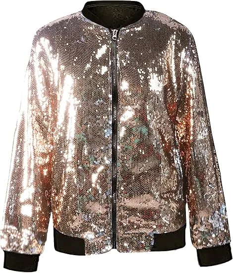 Men's Glitter Sequin Zip Up Silver Bomber Jacket