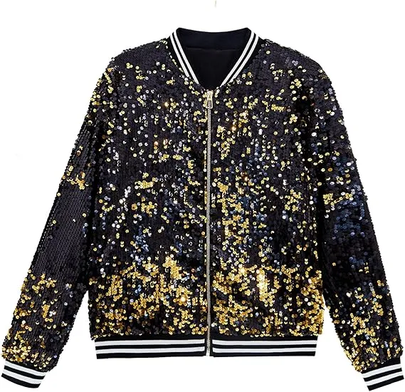 Men's Sequin Zip Up Party Gold Bomber Jacket