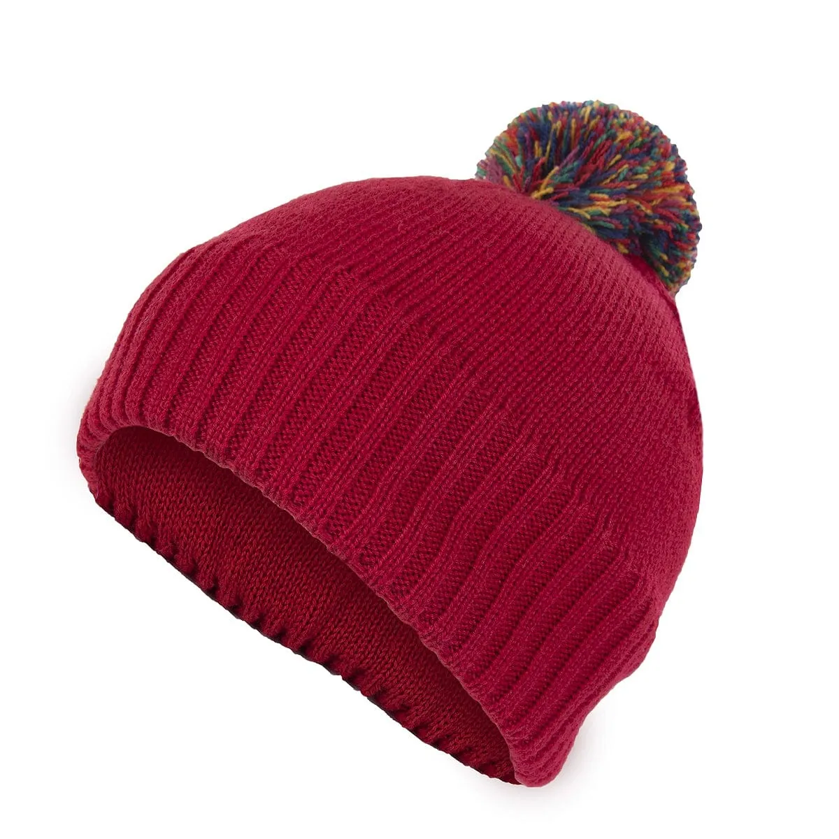 Merino Wool Children's Hat with Rainbow PomPom: Red