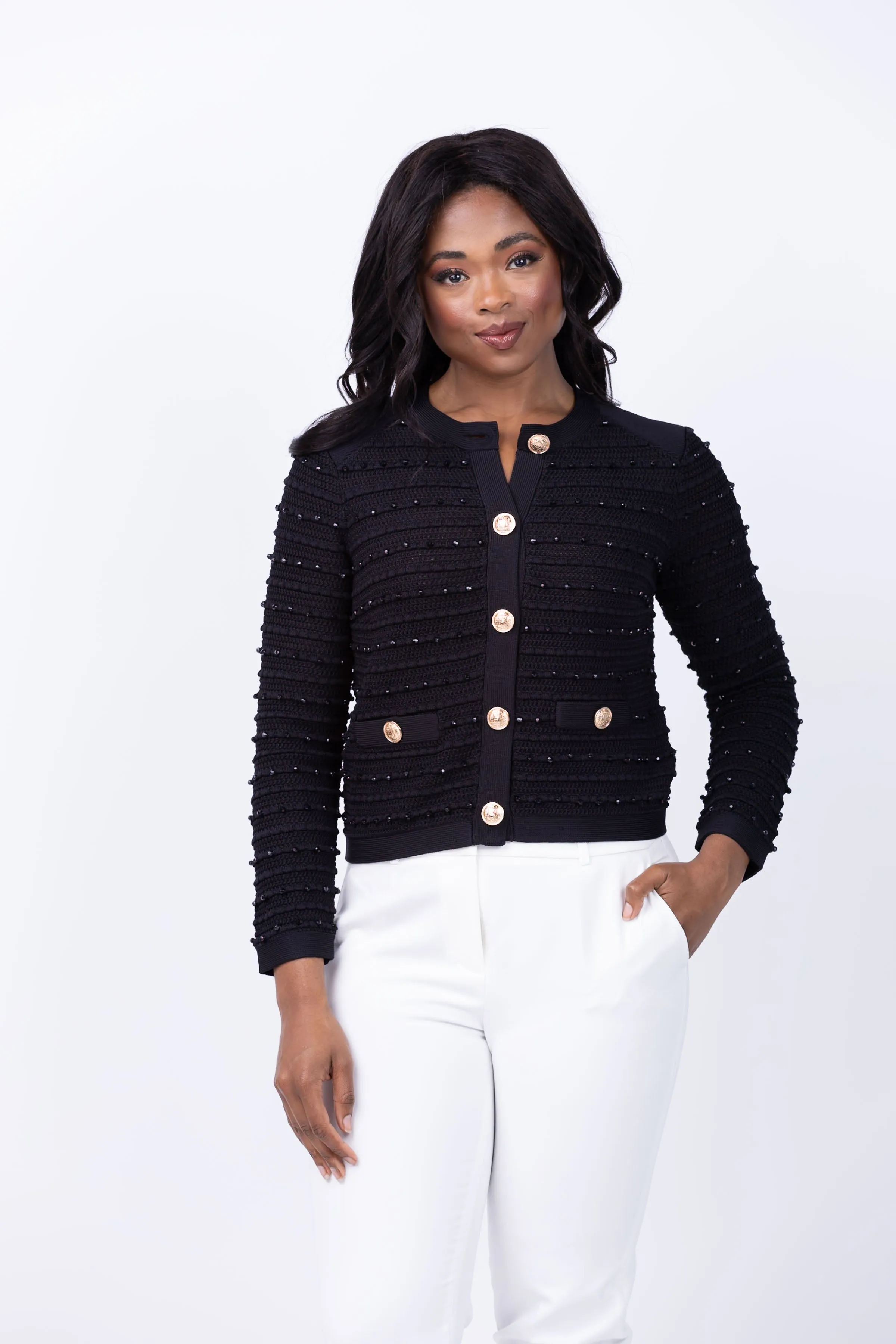 Milly Beaded Textured Cardigan Jacket in Black