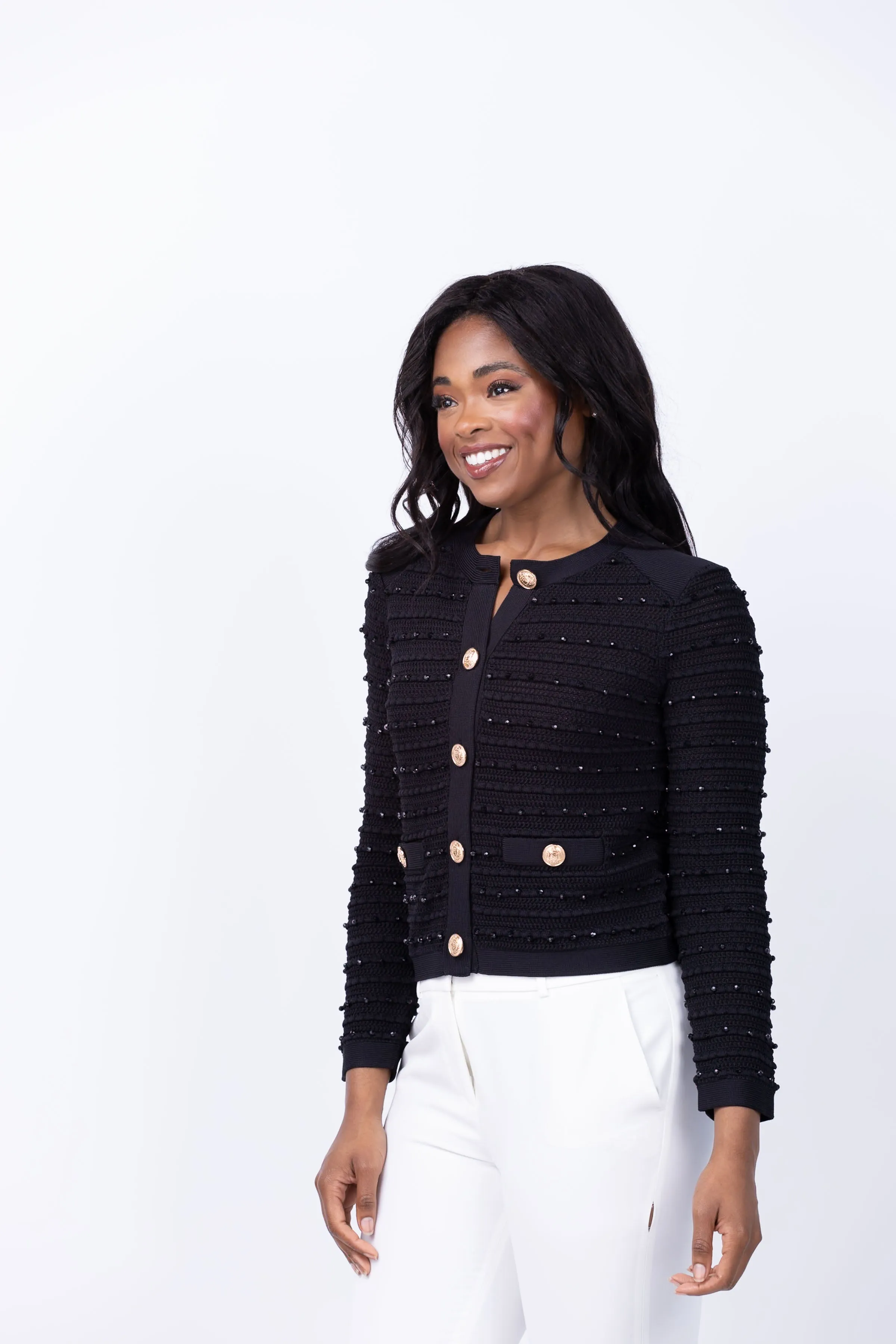 Milly Beaded Textured Cardigan Jacket in Black