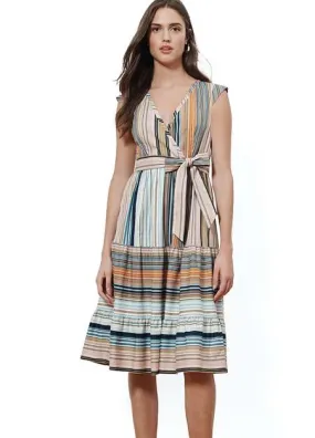 Mixed Stripe Tiered Wrap Dress