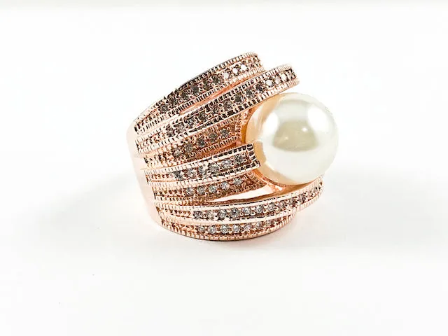 Modern Unique Multi Layer CZ Ring With Center Pearl Rose Gold Plating Brass Ring