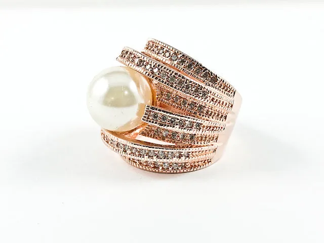 Modern Unique Multi Layer CZ Ring With Center Pearl Rose Gold Plating Brass Ring