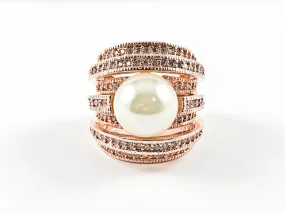 Modern Unique Multi Layer CZ Ring With Center Pearl Rose Gold Plating Brass Ring